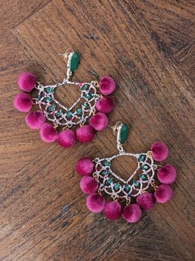 Boho Pom Pom Statement Earrings Pink & Green Festival Drop Earrings